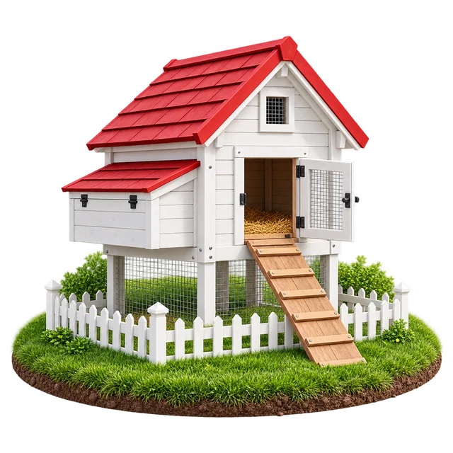 White poultry house with red roof